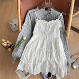 Vevesc  White Woman Dresses Bandage Ruffles A-line Lace Loose Robe Femme 2025 Vestidos De Mujer Fashion Holow Out Sweet Summer Dress