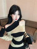 Vevesc Skew Collar Off Shoulder Striped Knitted Tops Women Autumn New Bottoming Sweater Mujer Long Sleeve All-match Pullovers