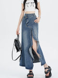 Vevesc Women Blue Gothic A-line Long Denim Skirt Vintage Y2k Skirt Harajuku Korean Fashion A-line Jean Skirts Emo 2000s Trashy Clothes