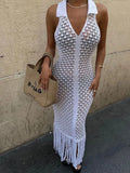 Vevesc  See Through Mesh Patchwork Dress Women Tassel Solid Sheath Y2K Casual Summer Trend Midnight Sexy Clubwear Party Vestidos