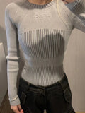 Vevesc Crewneck Solid Color Long-sleeved Sweater Slim Y2k Clothes Stripe Design Harajuku Knitwears Korean Fashion Pull Femme