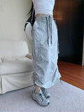 Vevesc Y2K Drawstring Parachute Skirts Women High Street Side Split Cargo Long  Female Casual Multiple Pockets Maxi