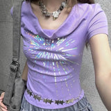 Vevesc  Y2k Clothes Purple Short Tees Slash Neck Spring Summer Vintage Sexy T Shirt for Women Grunge Harajuku Ropa De Mujer