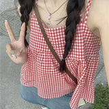 Vevesc Red Plaid Camisole Women Backless Hotsweet Bandage All-match Loose College Personality Chic Summer Korean Style Fashion Ulzzang