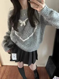 Vevesc Lace Heart Pullovers Sweaters Knitted Women Y2k Preppy Style American Vintage Sueter Mujer Gray Loose O Neck Tops