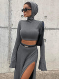 Vevesc 2024 Winter Spring Women Office Lady Solid Maxi Skirt Set Grey Outfits Bodycon Slim 2 Two Piece Matching Set Women