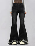 Vevesc High Quality American Vintage Clothes Raw Edge Design Flared Jeans For Women Patchwork Autumn Low-rise Washed Denim Y2k Pants