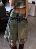 Vevesc Street Retro Washed Denim Shorts For Women Y2k Hole Straight Five-point Pants Summer New High Waist Loose Wide Leg