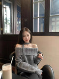Vevesc High End Korean Office Lady Slash Neck Pullovers Y2k Aesthetic Solid Autumn Winter Harajuku Vintage Sweaters Moda Girl Clothes