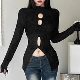 Vevesc Y2K Autumn New Simple Casual Hollow All-match Mature Charm High Street Cool Personality Women's Black Top Shirt