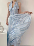 Vevesc Spring French Vintage Party Long Dress Women Blue Plaid Sexy Chic Causal Dress Female V-neck High Waist Elegant Dress