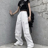 Vevesc White Cargo Pants Woman Oversized Hippie Streetwear Pocket The Chain Punk Elastic High Waist Trousers Baggy Pants Korean Fashion