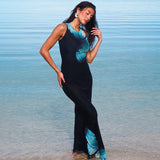 Vevesc Backless Lace Up Butterful Print Maxi Dress For Women O Neck Sleeveless Tank Dresses Femme Fashion Bodycon Sexy Long