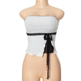 Vevesc Lace Trim Bow Mesh Patchwork Ribbed Tube Top Cutecore 2000s Clothes Y2k Tops White Summer New Arrivals