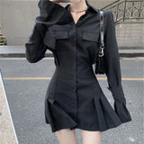 Vevesc Early Autumn New Lapel Neck Black Blouses Sexy Slim Waist Ruched Shirts Women Y2k Grunge Long Sleeve Blusas Mujer Dress