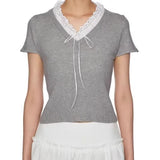 Vevesc  Lace Patchwork T Shirt for Women Spring Summer V Neck Y2k Korean Fashion Ropa De Mujer Bows Sweet Retro Camisetas