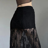 Vevesc Side Slit Lace Skirts For Women 2024 Summer New See Through High Waist Skirt Ladies Black Casual Loose Sexy Skirts Woman