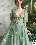 Vevesc  Green Embroidery Lace Prom Dresses Puff Sleeves A-Line Long Wedding Party Gowns Open Back Tulle Evening Dress