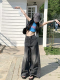 Vevesc Y2K Vintage 90s Black Jeans Grunge Distressed Baggy Denim Pants Female Oversize Korean Style Retro Basic Wide Leg Trousers