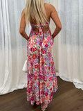 Vevesc  Elegant Off-Shoulder Maxi Dress with Boho Floral Print and Lace-Up Back Detail for Summer Wedding Party or Vacation Beachwear