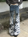 Vevesc American Vintage Washed Skull Leopard Print Micro-flare Jeans Fashion High Street Hot Girl Micro-flared Pants Y2k Trousers