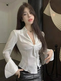 Vevesc Shirts Women Slim Folds Chic Autumn Winter Fashion Hotsweet All-match Flare Sleeve French Casual Tops Harajuku Sexy Blouse Lady