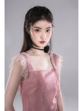 Vevesc Summer Lace Kawaii Fairy Dress Women Pink Elegant Strap Midi Dress Female Casual Korean Fashion Party Sweet Slim Dress New