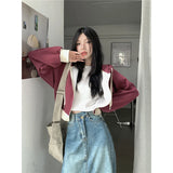 Vevesc Streetwear Cropped Hoodies Women Vintage Oversized Patchwork Sweatshirt Harajuku Korean Zipper Loose Casual Jacket Tops