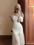 Vevesc  French Sexy Matching Sets Slash Neck Ruffles Sleeveless Crop Tops High Waist Gauze Patchwork Skirt Summer Elegant Women Clothing