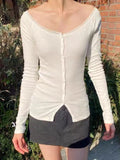 Vevesc  White Lace Trim Long Sleeve T-shirt Woman Spring Scoop Neck Single Breasted Cotton Tee Tops Sweet Cute Preppy Style Tshirt Y2k