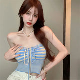 Vevesc Sexy One Shoulder Crop Top Women Sleeveless Plaid Knitted Tank Top Summer Blue Short Tanks Irregular Camis