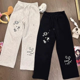 Vevesc Japanese Straight Sweet Kawaii Cartoon Print Women High Waist Casual Preppy Style Trousers Y2k Wide Leg Pants