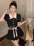 Vevesc Summer Kawaii Elegant Two Piece Set Women Korean Fashion Party Mini Skirt Set Female Bow Casual Tops + Designer Skirt New