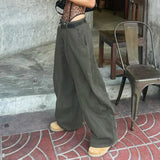 Vevesc  Army Green American Style Loose Curved Jeans Women's Streetwear Loose Hanging Feeling Cargo Denim Bottom Vintage Chic