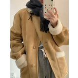 Vevesc  Vintage Suede Jacket for Women Warm Winter Mustang Jackets Fleece Casual Oversize Lamb Wool New Outwear Korean Fashion