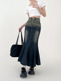 Vevesc Women's Blue Denim Skirt Harajuku Korean Y2k Long Skirt Fashion Vintage 90s Casual A-line Jean Skirt 2000s Clothes Autumn