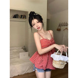 Vevesc Sweet Plaid Camis Women Streetwear Sexy Bow Sleeveless Tank Top Summer Harajuku Korean Fashion Holiday All Match Crop Tops New