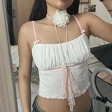 Vevesc Coquette Sweet Summer Crop Tops Slim Folds Cutecore Korean Style Short Cmaisole Women Lace Patchwork Contrast Strap