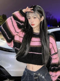 Vevesc Y2k Aesthetic Cropped Sweater Women Casual Loose Contrast Color Striped Pullover Harajuku Streetwear Vintage Jumper Fairy Sueter