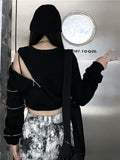 Vevesc Techwear Goth Cropped Hoodies Women Harajuku Off Shoulder Oversize Sweatshirts Black Zip Up Top Hip Hop Streetwear Punk