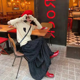 Vevesc Korean Lace Long Skirt Women Vintage Cute High Waist Loose Fairycore Tassel Patchwork A-Line Midi Mori Girl Autumn