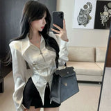Vevesc Metal Buckle Belt Slim Fit Shirts Women Early Autumnn New Black Blouses Y2k Grunge Long Sleeve Zipper Blusas Mujer