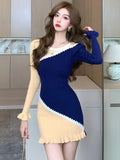 Vevesc Elegant Knitted Dress for Women Chic Single Breasted V Neck Long Sleeve Bodycon Dress Fashion Elegant Lady Streetwear