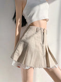 Vevesc Korean Fashion Khaki Pleated Skirt Lace Trim Women Preppy Style Button Up High Waist Cute Sexy Summer Kawaii Mini Skirt