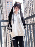 Vevesc Japanese Vintage Contrast Color Preppy Style Loose Sudadera Mujer Kawaii Ear Panda Hooded Sweatshirts Y2k Striped Women