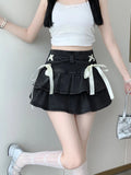Vevesc American Gyaru Denim Skirts Bandage Ruffles Patchwork High Waist Summer Skirt Female Slim Y2k Harajuku Vintage Women's Clothing