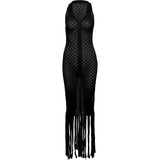 Vevesc  See Through Mesh Patchwork Dress Women Tassel Solid Sheath Y2K Casual Summer Trend Midnight Sexy Clubwear Party Vestidos