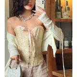 Vevesc Korean Retro Lace-up Sexy Slim Fishbone Camisole Women 2024 Spring New High Street Off-shoulder Pleated Casual Crop Tops