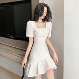 Vevesc White Dress Women Korean Square Neck Pleated Ruffle Mini A Line Dresses Summer Streetwear Elegant Slim Mermaid Vestidos Sundress