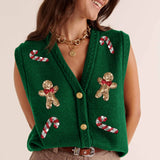 Vevesc Christmas Sequin Gingerbread Man Sweater Vest Button Down Open Front Candy Cane Party Casual Knit Cardigan Tank Top for Women